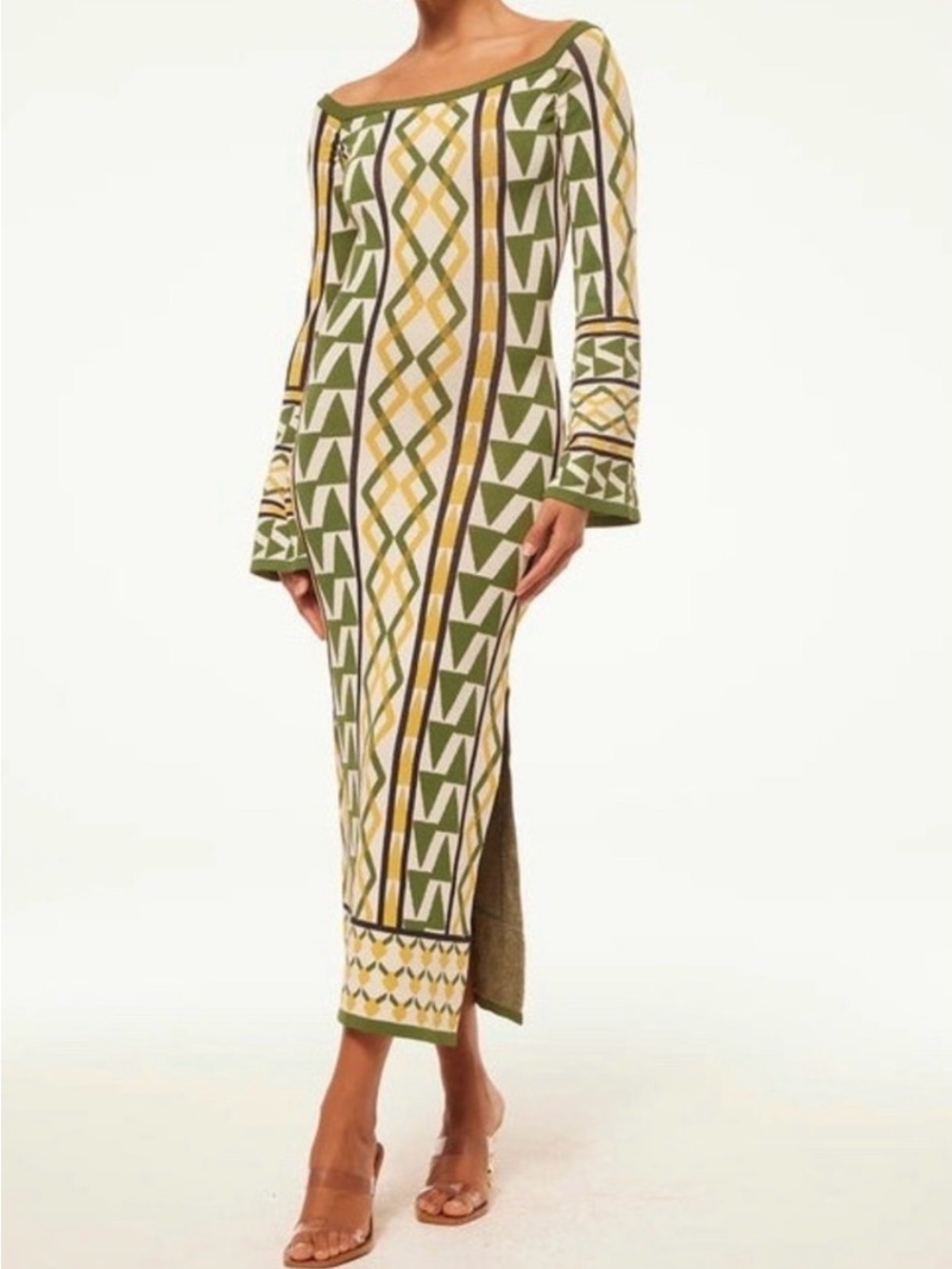 Misa Los Angeles Jaquetta Olive Cream & Yellow Geometric Off-Shoulder Midi Dress - Picture 2 of 3